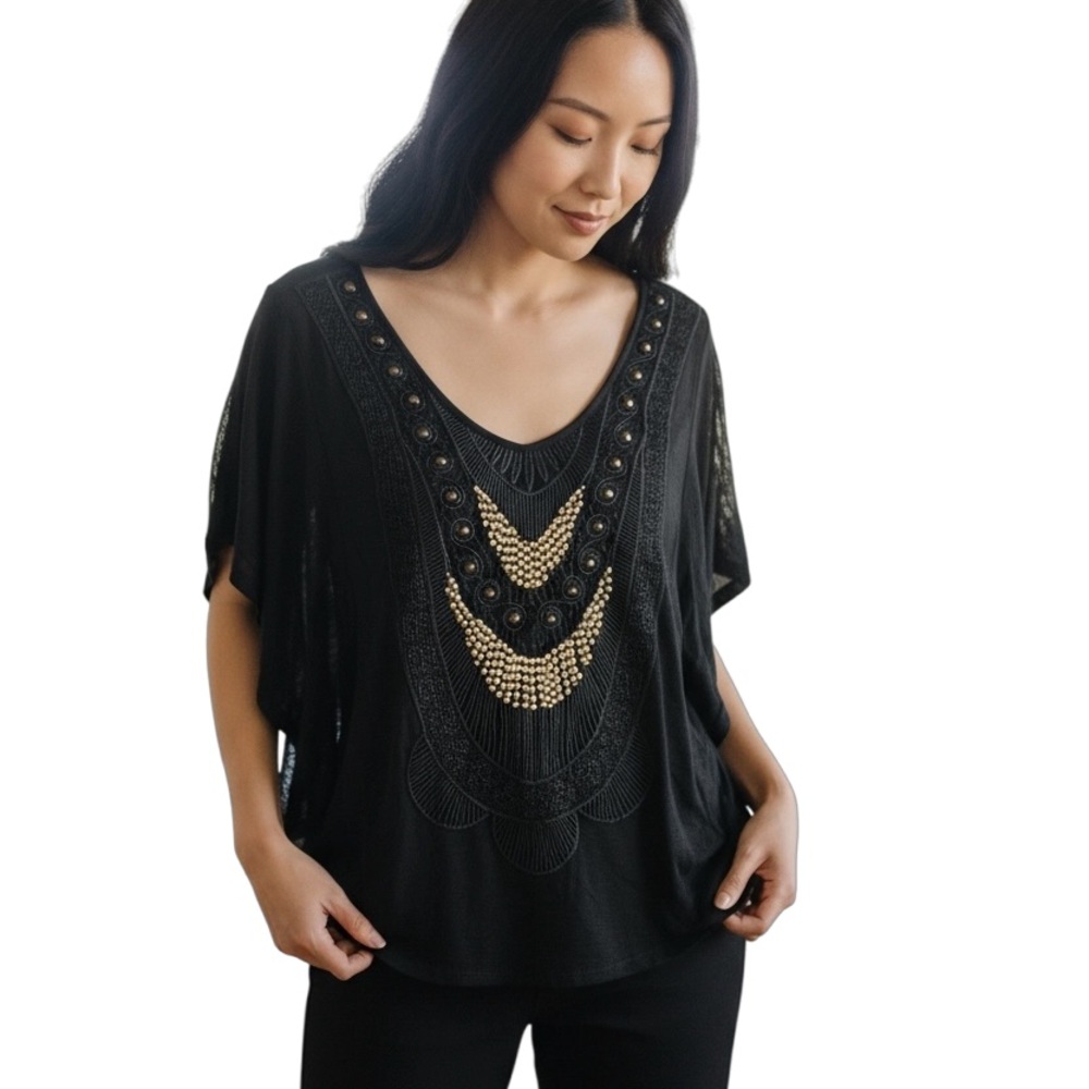 Flats & Heels Black and Gold Embellished Women's Top